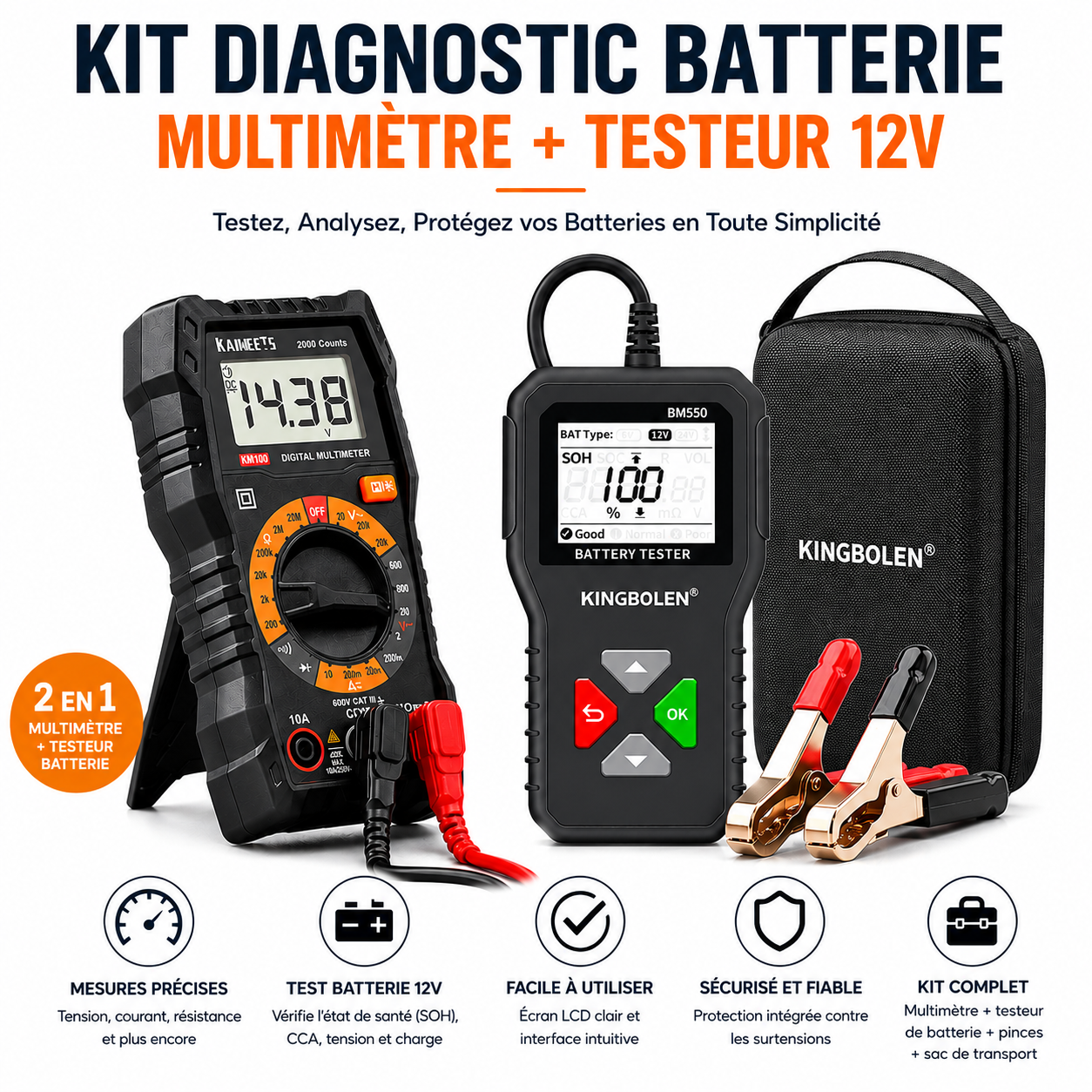 Kit Diagnostic Batterie 12V – Multimètre Digital + Testeur de Batterie Professionnel