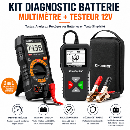 Kit Diagnostic Batterie 12V – Multimètre Digital + Testeur de Batterie Professionnel