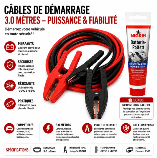 Câbles de démarrage 3m + Graisse de bornes offerte — Kit batterie voiture Antilles