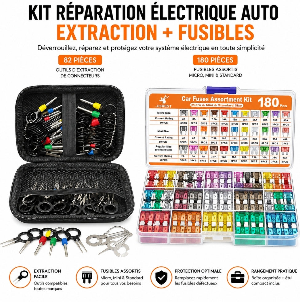 Kit Réparation Électrique Auto – Outils d’Extraction 82 Pièces + Coffret Fusibles 180 Pièces