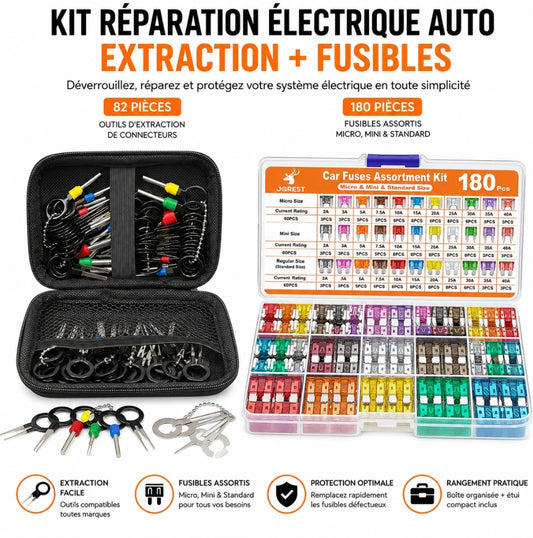 Kit Réparation Électrique Auto – Outils d’Extraction 82 Pièces + Coffret Fusibles 180 Pièces