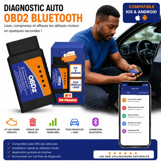 Diagnostic Auto OBD2 Bluetooth – Lecteur & Effaceur de Défauts Moteur