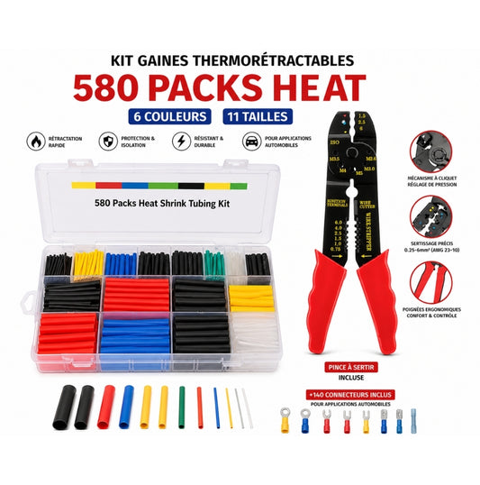 Kit Gaines Thermorétractables 580 PCS + Pince à Sertir | Kit Électricité Auto