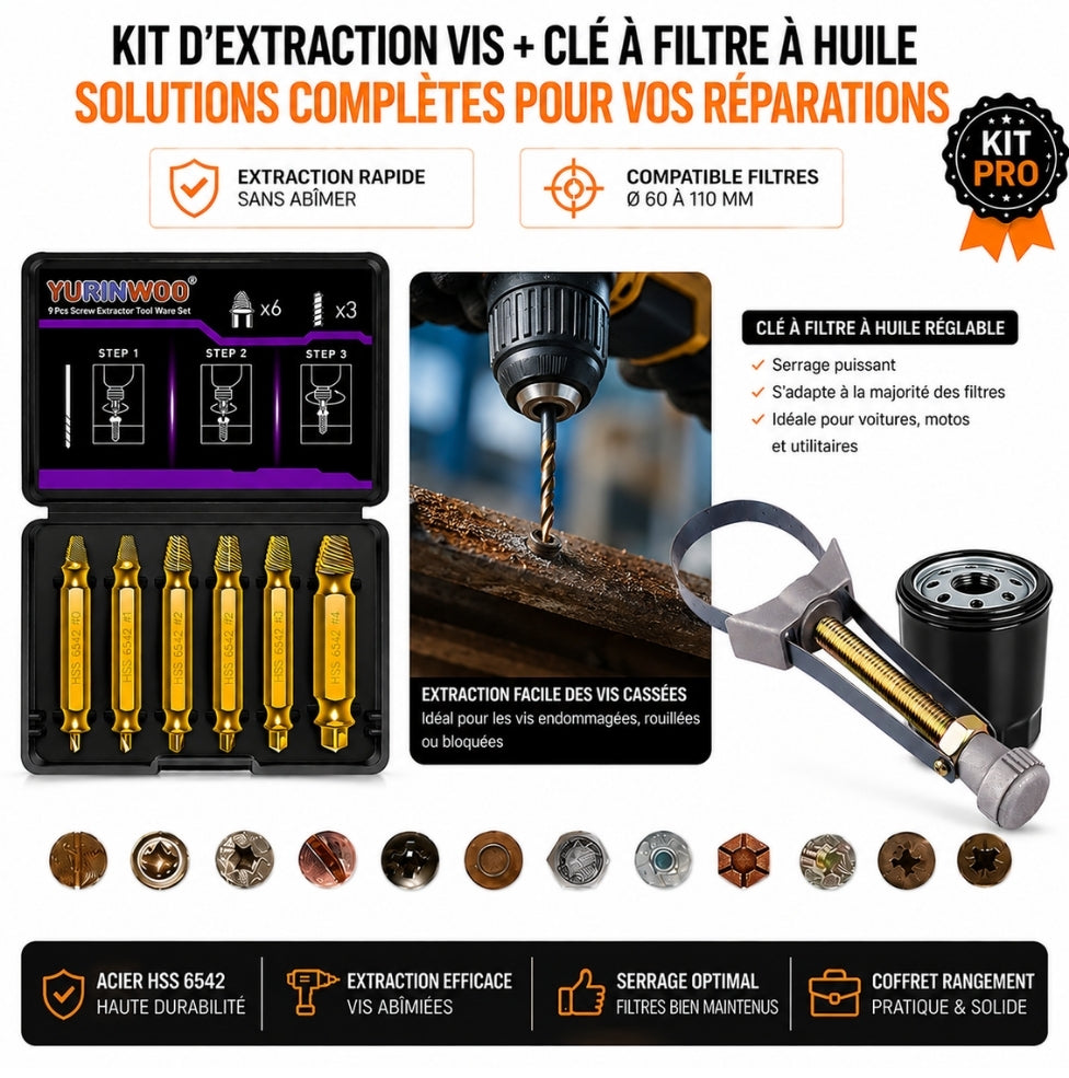 Kit Extracteur de Vis Cassées + Clé à Filtre à Huile Réglable PRO