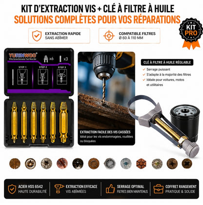 Kit Extracteur de Vis Cassées + Clé à Filtre à Huile Réglable PRO