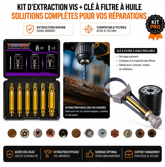 Kit Extracteur de Vis Cassées + Clé à Filtre à Huile Réglable PRO