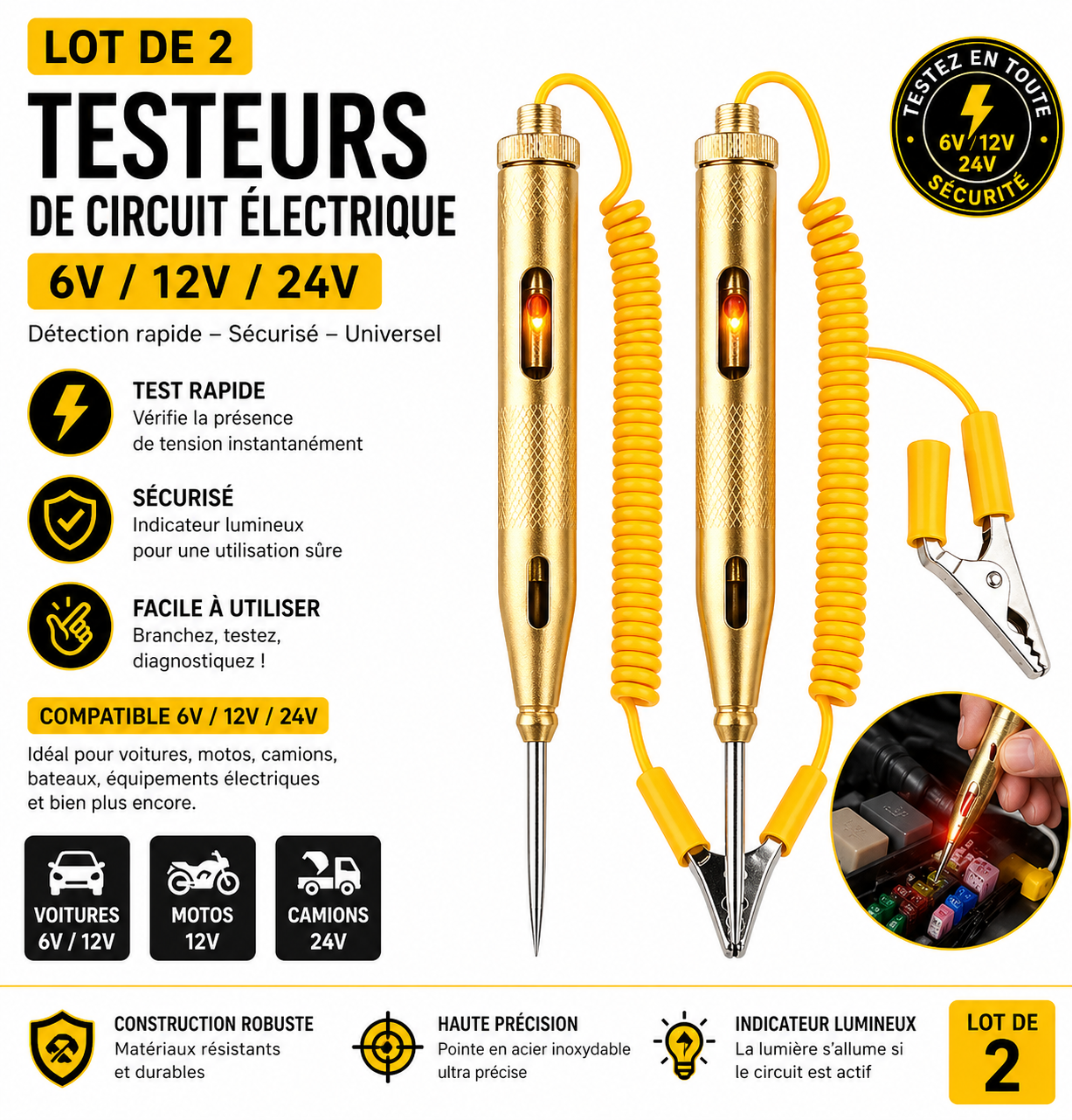 Testeur de Circuit Électrique 6V / 12V / 24V – Diagnostic Rapide et Précis lot de 2